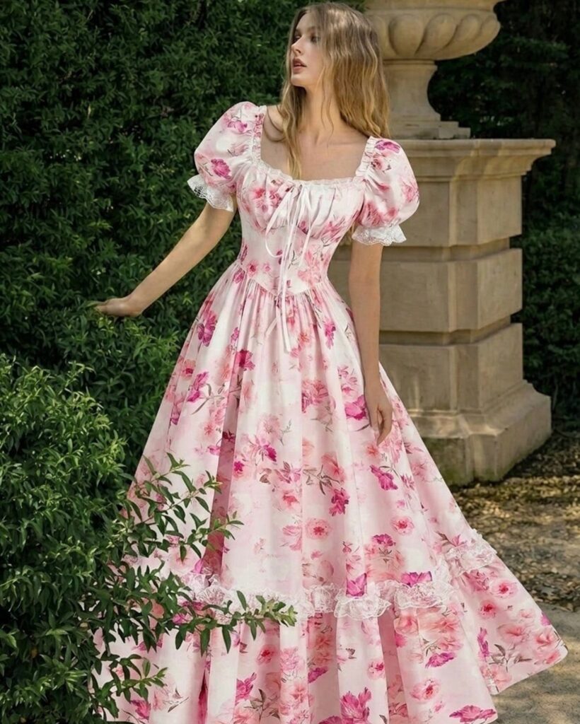 Woman in a pink floral princess dress standing in a garden by stone architecture
