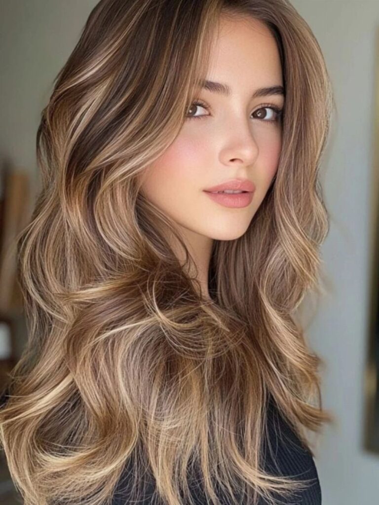 Woman with long wavy brown hair and bright honey blonde face-framing highlights.