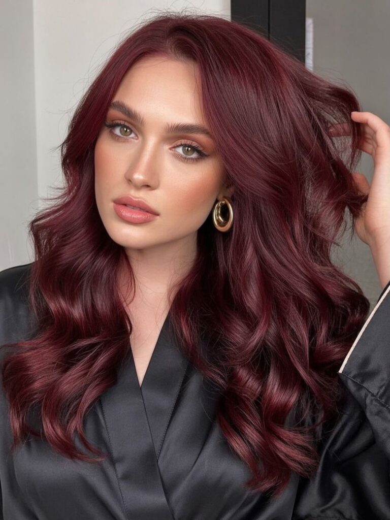 Woman with long wavy dark velvet red hair wearing a black satin robe