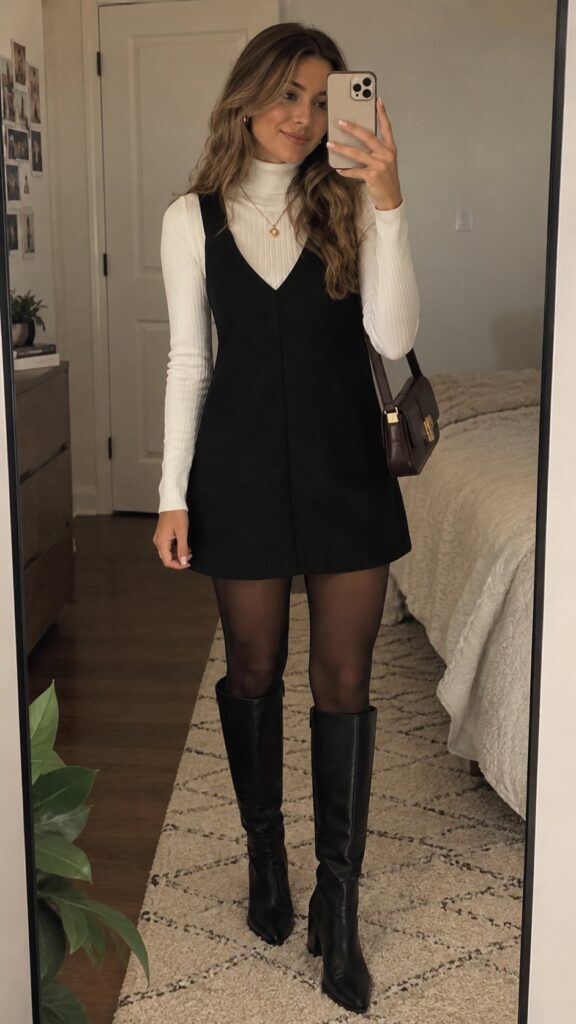 Woman wearing a white turtleneck under a short black dress with black boots.
