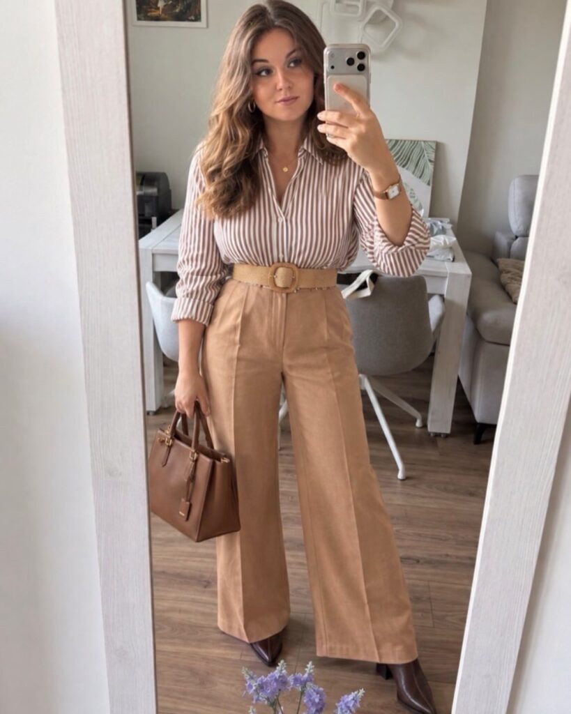 Woman in striped blouse and wide-leg tan trousers posing for a mirror selfie.