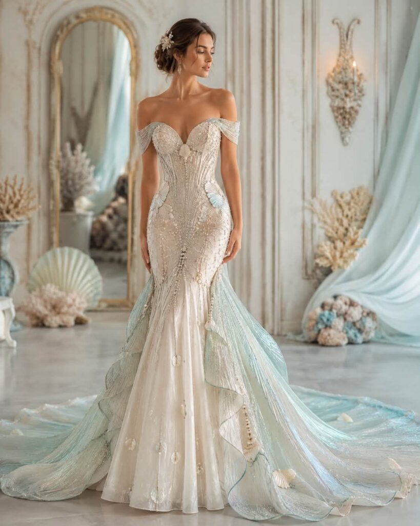 Woman in a beaded cream and blue fantasy wedding dress in a shell-themed room