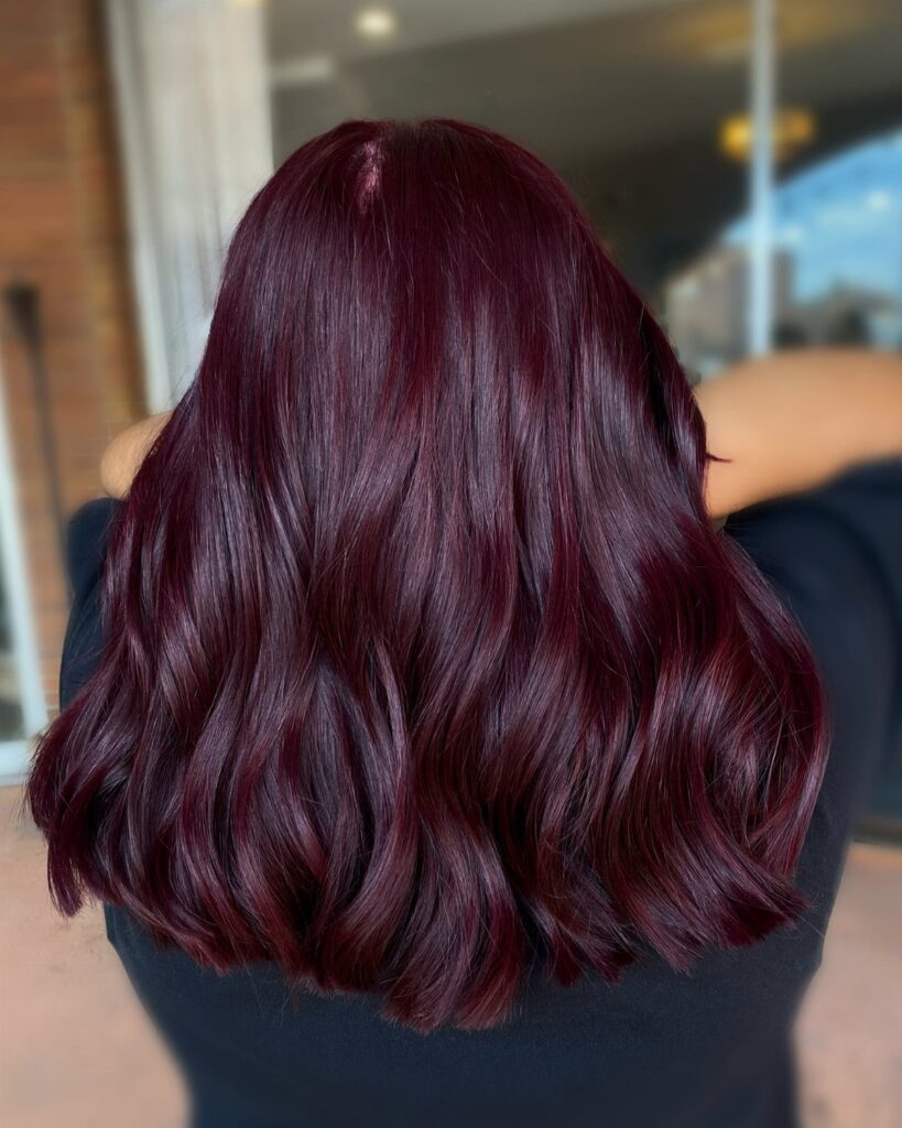 Long wavy hair dyed a deep, vibrant maroon burgundy color from behind.