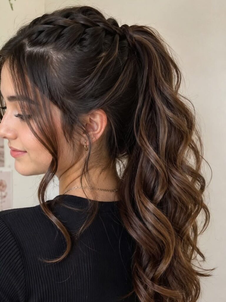 Woman with curly brown hair in a high braided ponytail and loose tendrils.