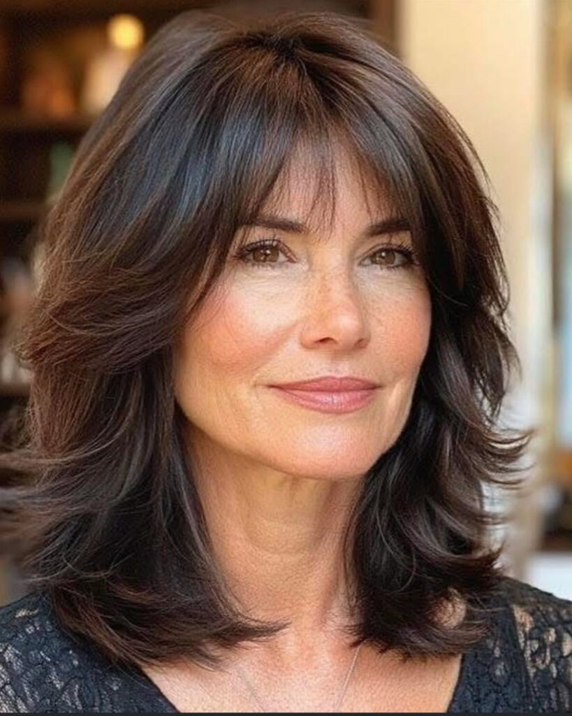 Woman with voluminous dark brown layered hair and face-framing bangs smiling softly.