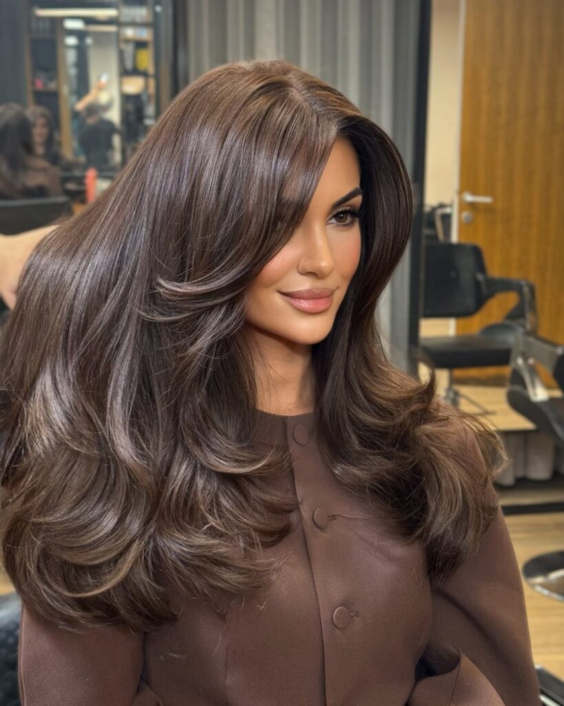 Woman with voluminous wavy hazelnut brown hair posing in a hair salon.