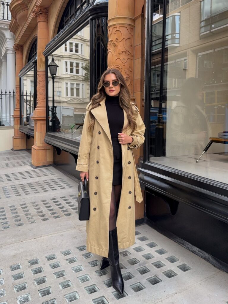 Woman in a beige trench coat and black dress on a London street