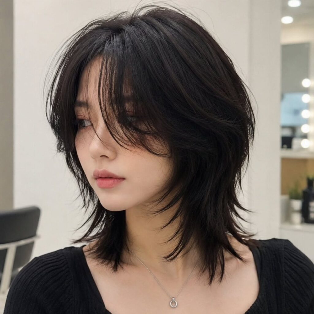 Woman with a dark brown wolf cut featuring choppy, textured layers and wispy ends.