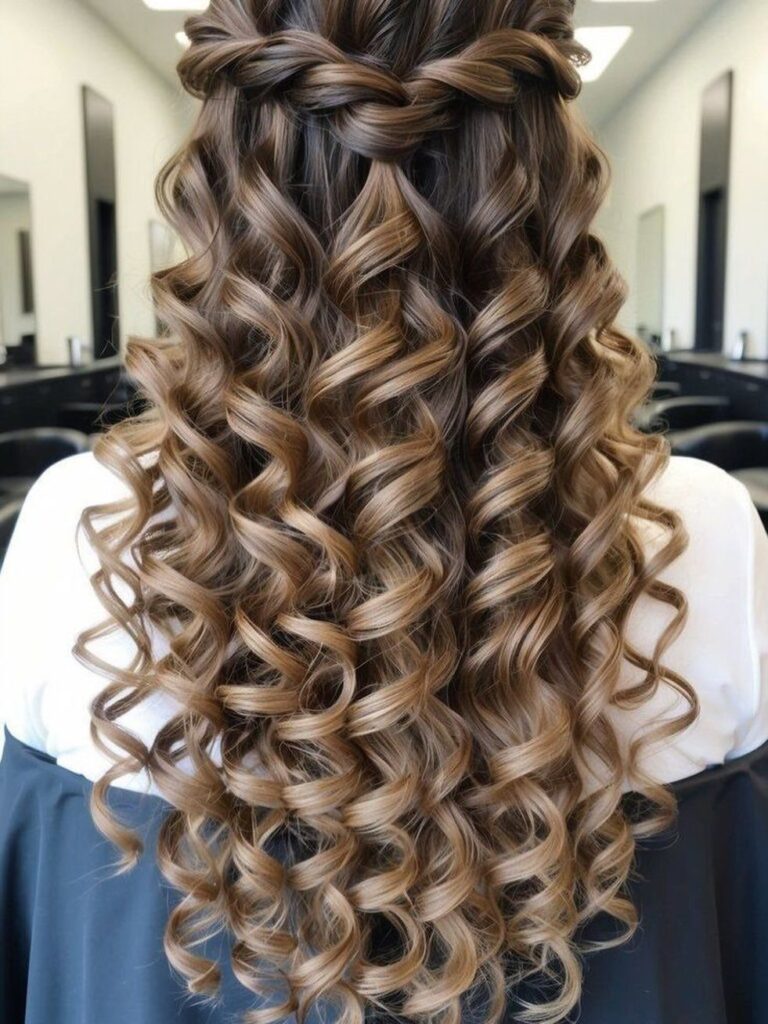 Long light brown hair styled in tight ringlet curls with a braided crown.
