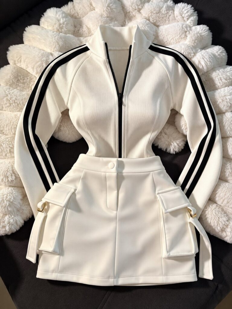 White tracksuit jacket with black stripes and matching white cargo mini skirt.