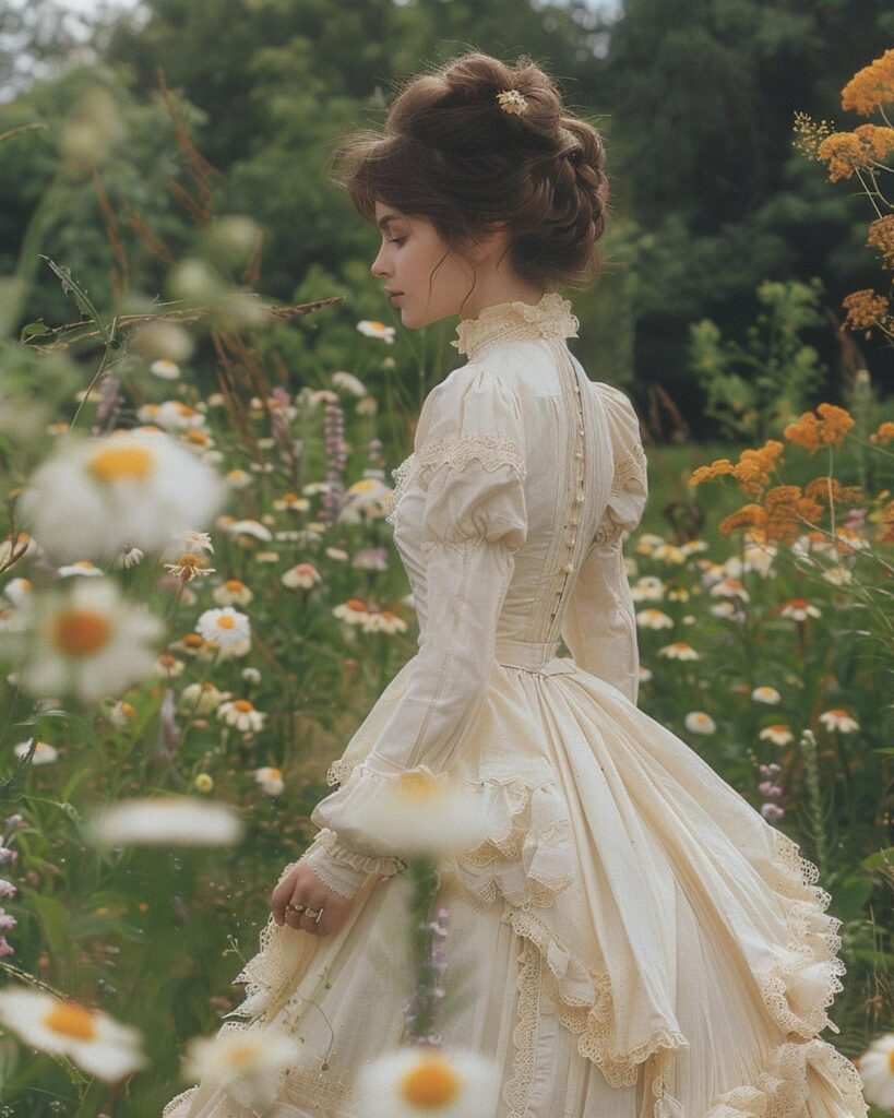 Woman in cream Victorian dress with puffed sleeves standing in a wildflower field.