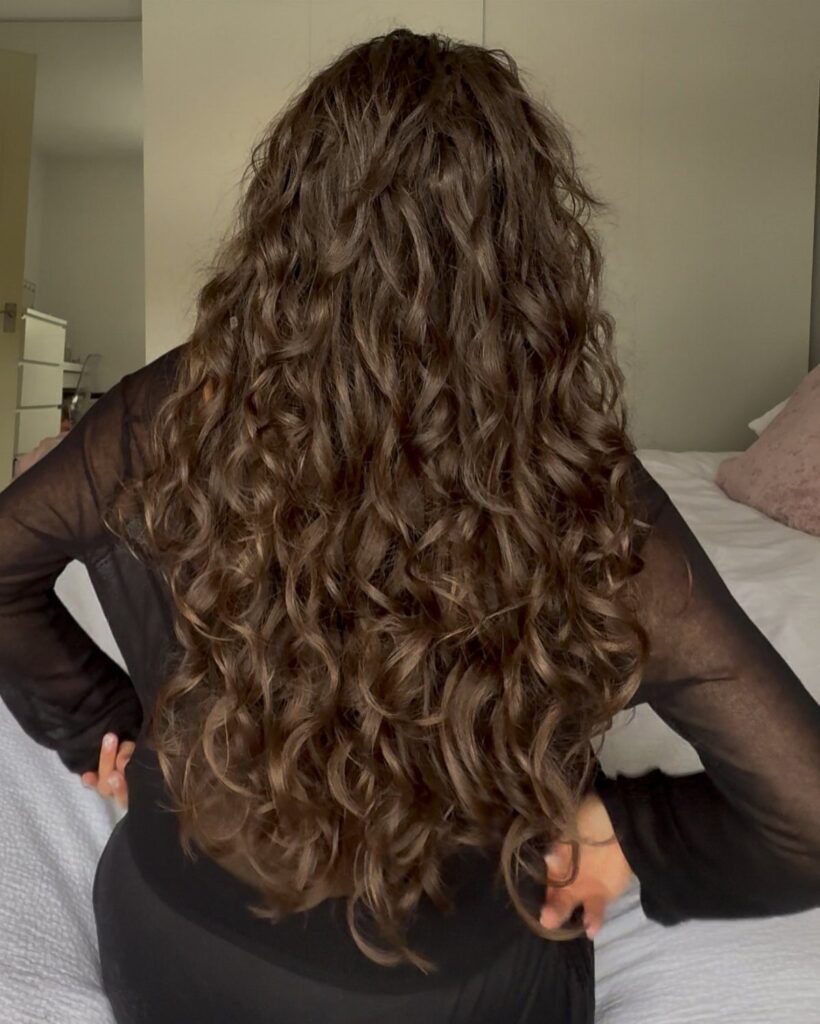 Long wavy brown hair cascading down the back of a person in black.