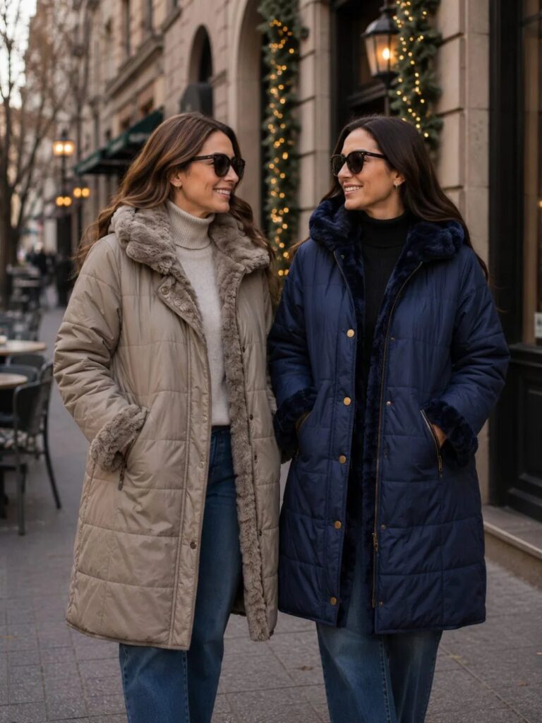 Two women wearing long quilted coats in beige and navy blue on a city street.